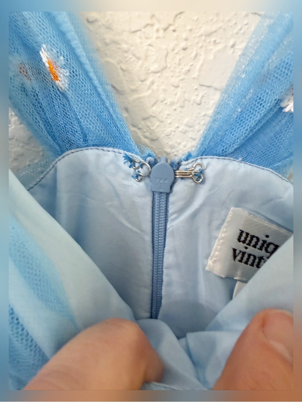 Unique Vintage - Light Blue Floral Mesh Tulle Party Dress - L - Picture 9 of 15